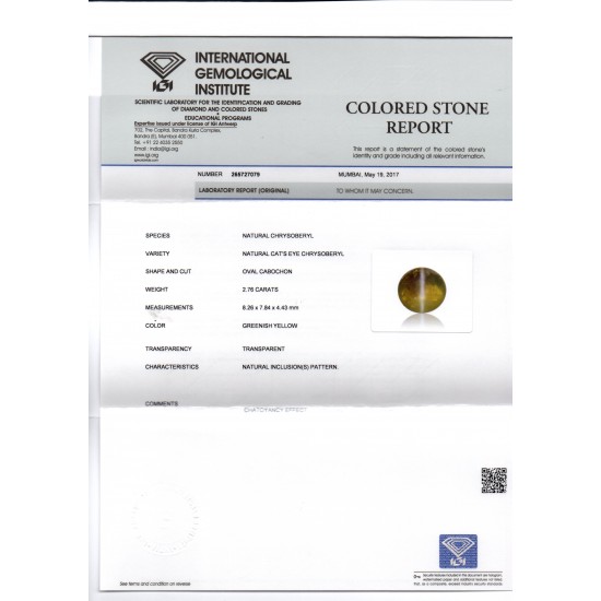 2.76 Ct IGI Certified Untreated Natural Ceylon Chrysoberyl Cats Eye Stone