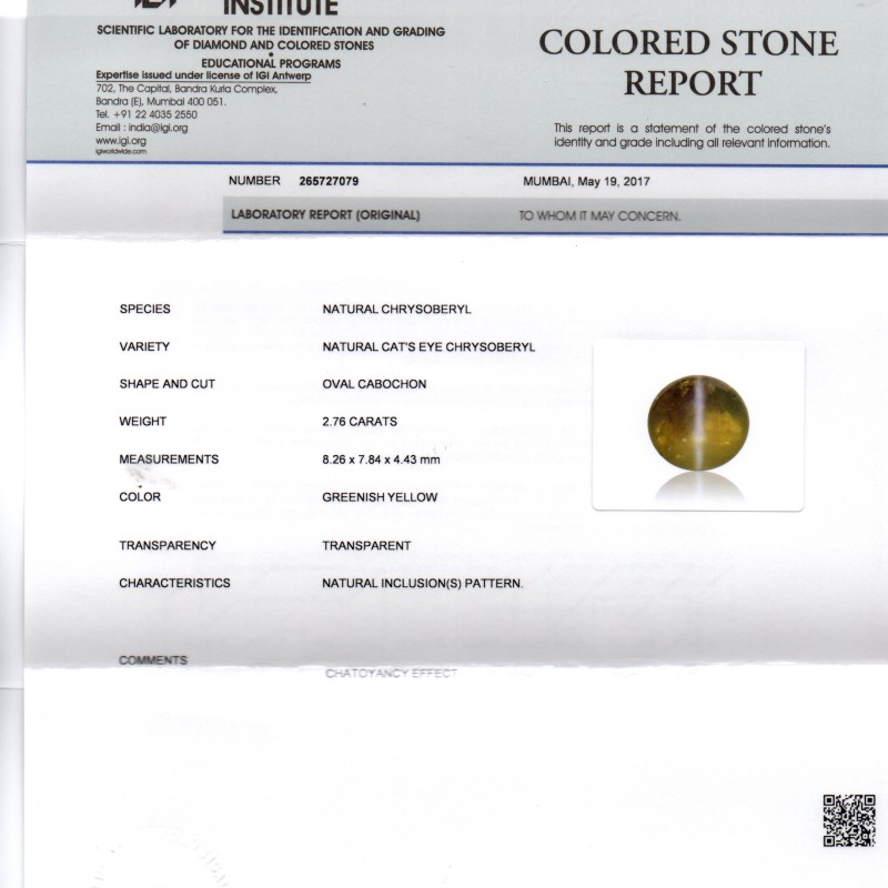 2.76 Ct IGI Certified Untreated Natural Ceylon Chrysoberyl Cats Eye Stone 2.76 Ct IGI Certified Untreated Natural Ceylon Chrysoberyl Cats Eye Stone