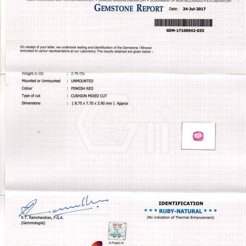 2.76 Ct GII Certified Unheated Untreted Natural Madagaskar Ruby AAA
