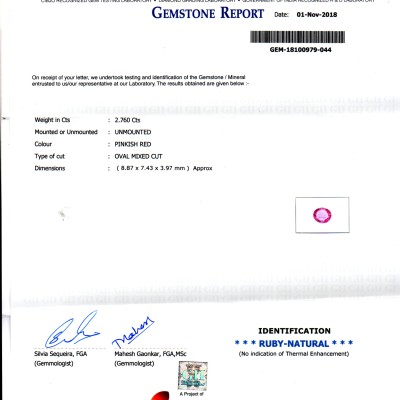 2.76 Ct GII Certified Unheated Untreated Natural Madagaskar Ruby AA