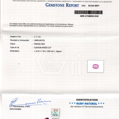 2.77 Ct GII Certified Unheated Untreted Natural Madagaskar Ruby AAA
