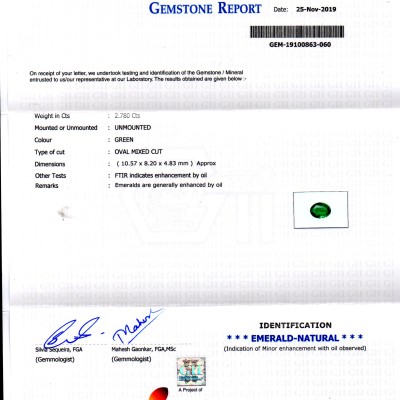 2.78 Ct GII Certified Untreated Natural Zambian Emerald Gems AAAAA