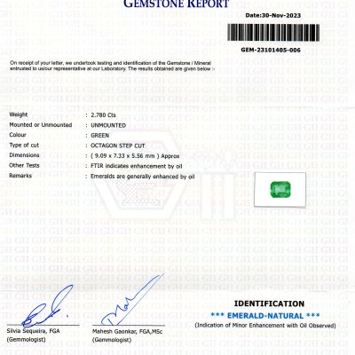 2.78 Ct GII Certified Untreated Natural Zambian Emerald Panna Gems