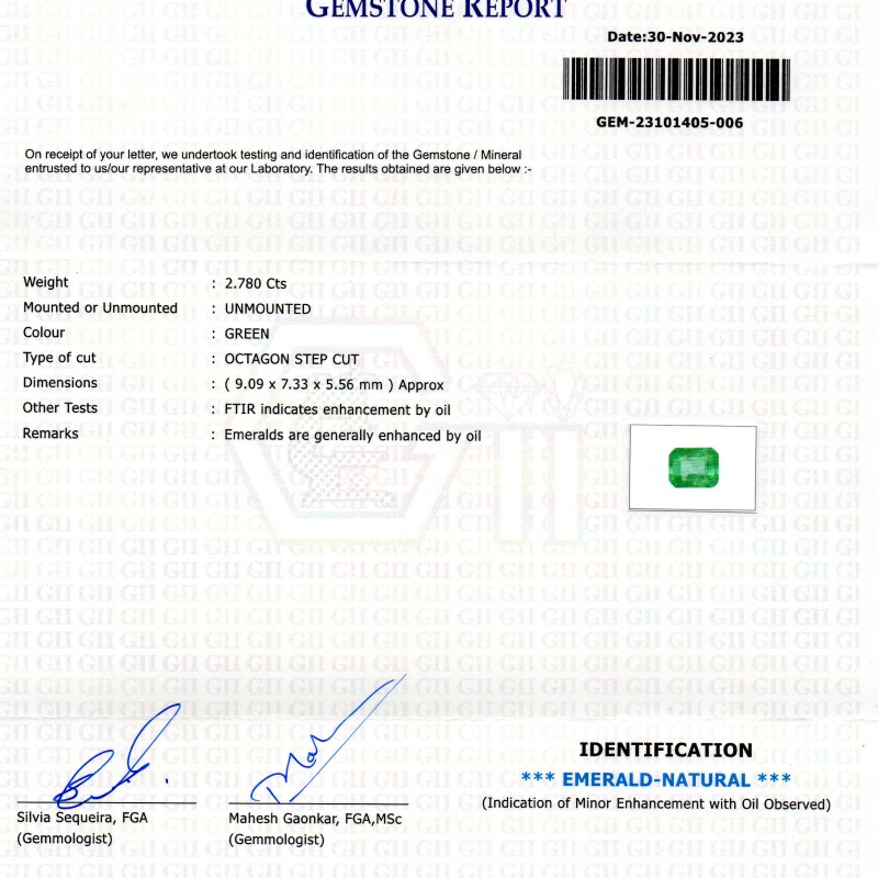 2.78 Ct GII Certified Untreated Natural Zambian Emerald Panna Gems