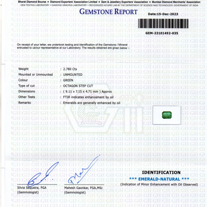 2.78 Ct GII Certified Untreated Natural Zambian Emerald Panna AAA