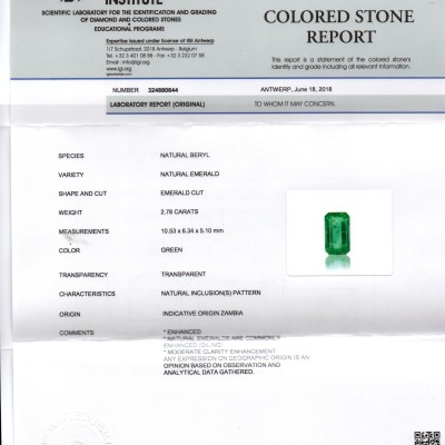 2.78 Ct IGI Certified Untreated Natural Zambian Emerald Gemstone AAA