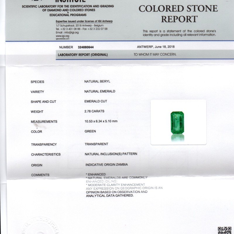 2.78 Ct IGI Certified Untreated Natural Zambian Emerald Gemstone AAA