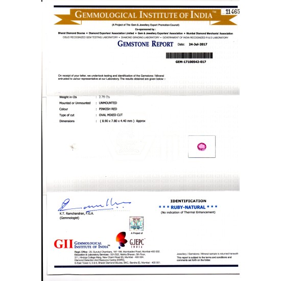 2.78 Ct GII Certified Unheated Untreated Natural Madagaskar Ruby AA