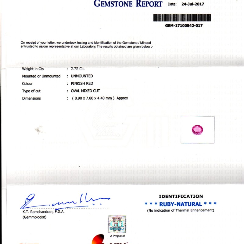 2.78 Ct GII Certified Unheated Untreated Natural Madagaskar Ruby AA 2.78 Ct GII Certified Unheated Untreated Natural Madagaskar Ruby AA