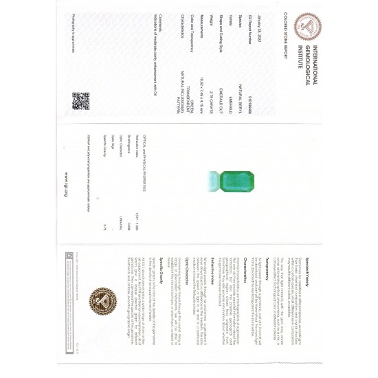 2.79 Ct IGI Certified Untreated Natural Zambian Emerald Gemstone