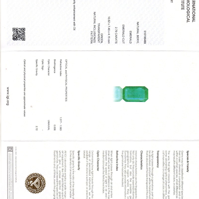 2.79 Ct IGI Certified Untreated Natural Zambian Emerald Gemstone