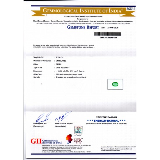 2.79 Ct GII Certified Untreated Natural Zambian Emerald Gems AAAA