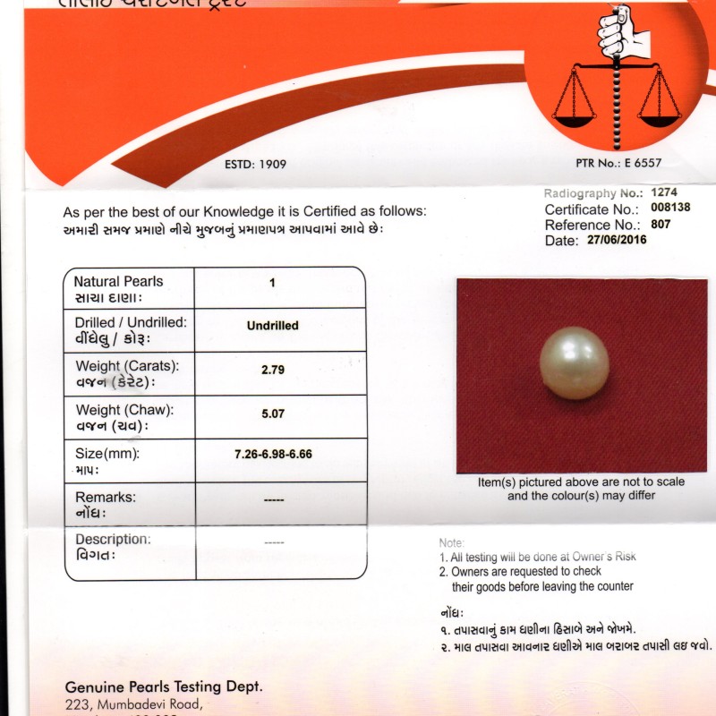 2.79 Ct,5.07 Chaw Natural Basra Pearl,Real Basra Moti Certified 2.79 Ct,5.07 Chaw Natural Basra Pearl,Real Basra Moti Certified