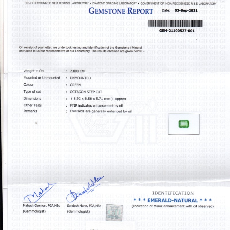 2.80 Ct GII Certified Untreated Natural Zambian Emerald Gems AAAAA