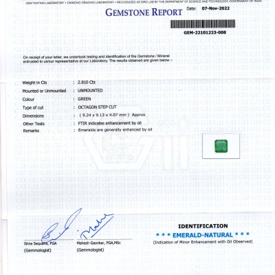 2.81 Ct GII Certified Untreated Natural Zambian Emerald Gemstone AA