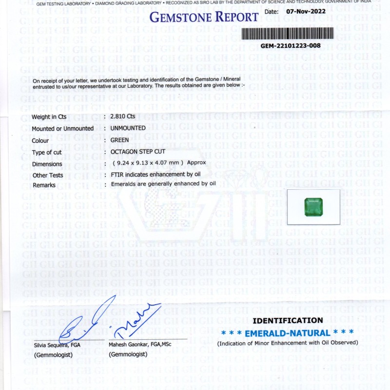2.81 Ct GII Certified Untreated Natural Zambian Emerald Gemstone AA