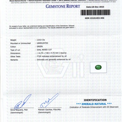 2.81 Ct GII Certified Untreated Natural Zambian Emerald Panna AAA