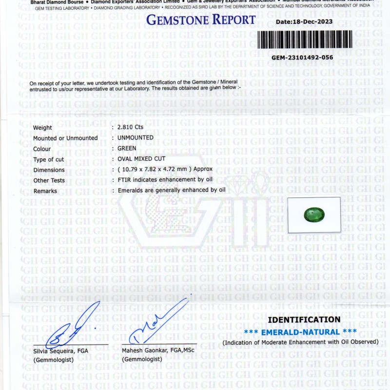 2.81 Ct GII Certified Untreated Natural Zambian Emerald Panna AAA