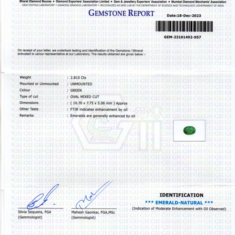 2.81 Ct GII Certified Untreated Natural Zambian Emerald Panna AAA