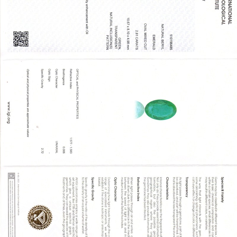 2.81 Ct IGI Certified Untreated Natural Zambian Emerald Gemstone 2.81 Ct IGI Certified Untreated Natural Zambian Emerald Gemstone