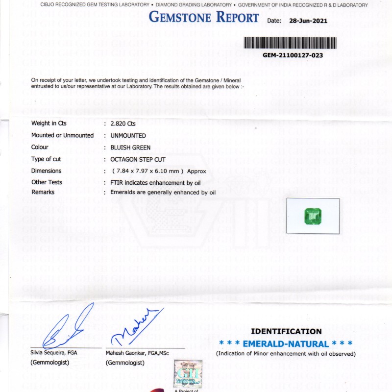 2.82 Ct GII Certified Untreated Natural Zambian Emerald Gemstone AAAAA 2.82 Ct GII Certified Untreated Natural Zambian Emerald Gemstone AAAAA