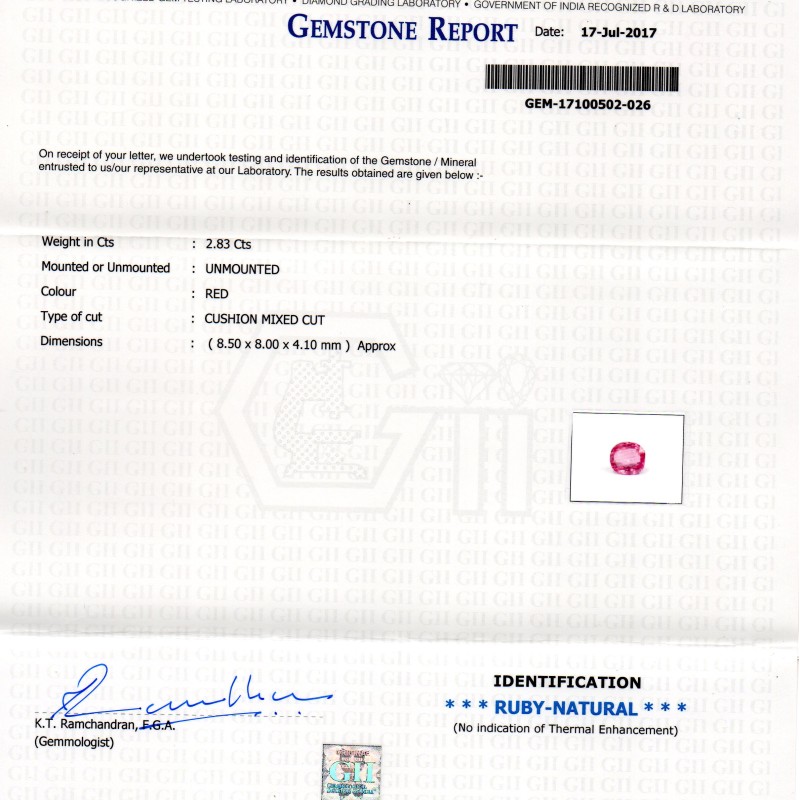 2.83 Ct GII Certified Unheated Untreated Natural Madagaskar Ruby AA