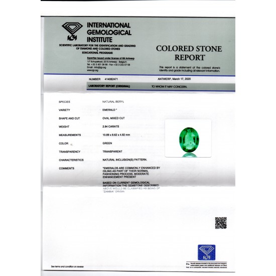 2.84 Ct IGI Certified Untreated Natural Zambian Emerald Gems AAA