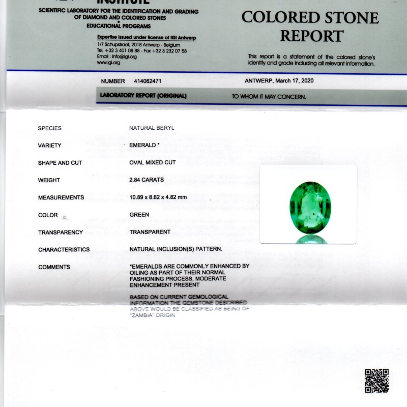 2.84 Ct IGI Certified Untreated Natural Zambian Emerald Gems AAA