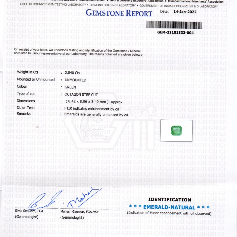 2.84 Ct GII Certified Untreated Natural Zambian Emerald Gemstone