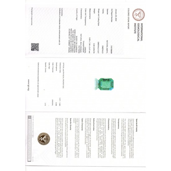 2.84 Ct IGI Certified Untreated Natural Zambian Emerald Gemstone