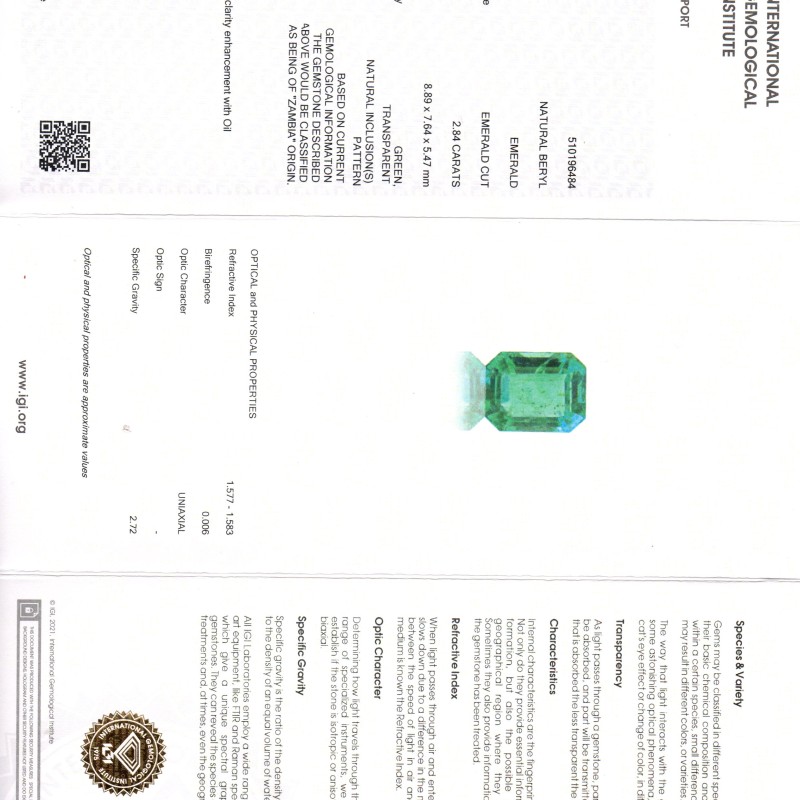 2.84 Ct IGI Certified Untreated Natural Zambian Emerald Gemstone