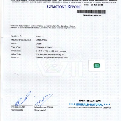2.84 Ct GII Certified Untreated Natural Zambian Emerald Gemstone Panna AA