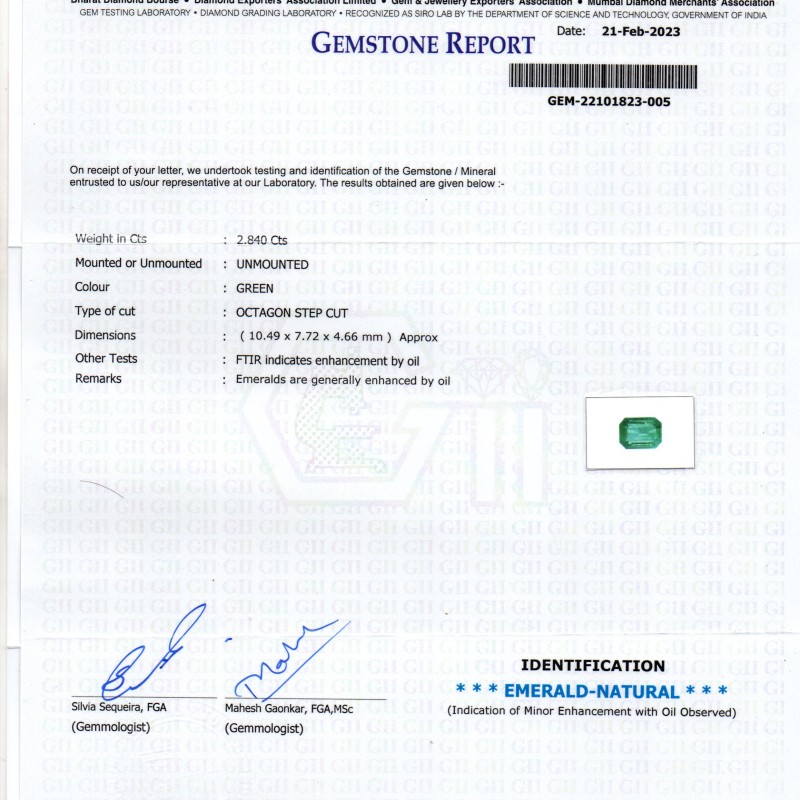 2.84 Ct GII Certified Untreated Natural Zambian Emerald Gemstone Panna AA