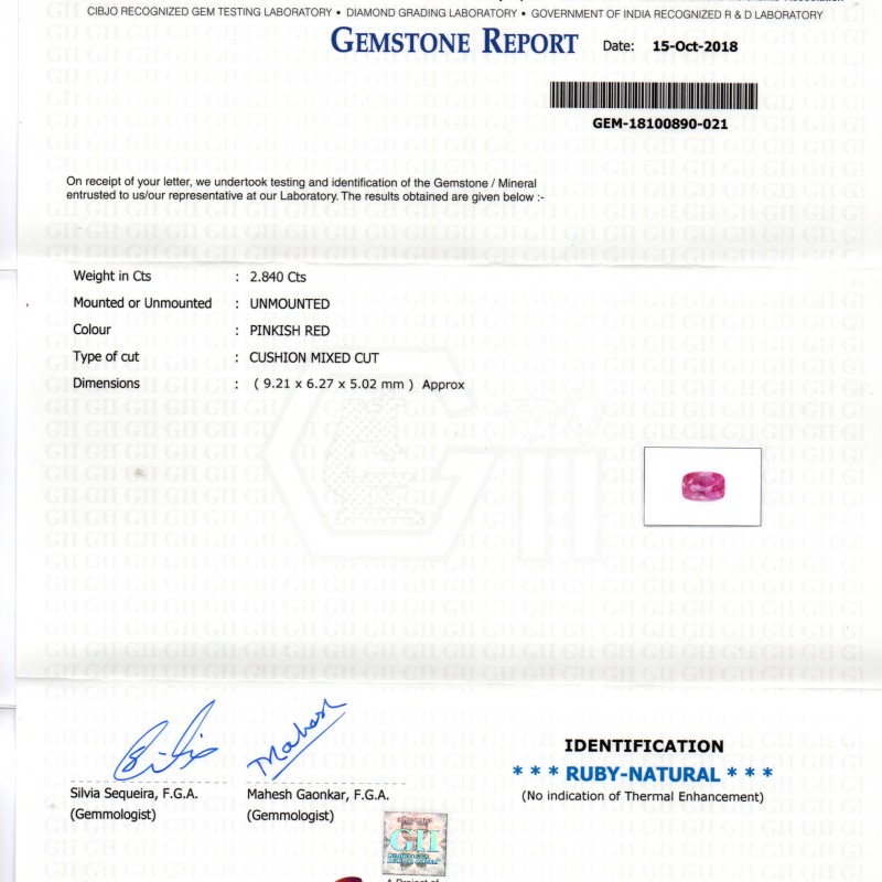 2.84 Ct GII Certified Unheated Untreted Natural Madagaskar Ruby AAA