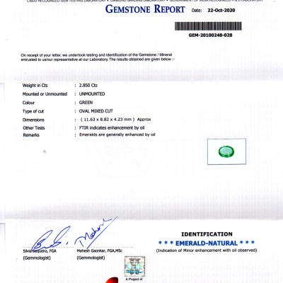 2.85 Ct GII Certified Untreated Natural Zambian Emerald Gems AAAA