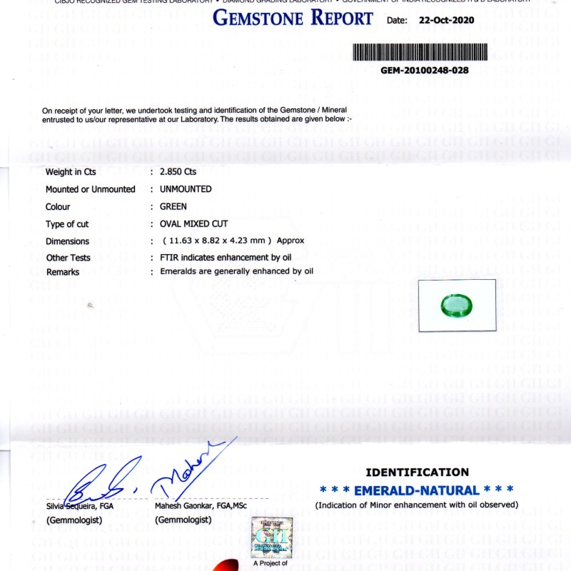 2.85 Ct GII Certified Untreated Natural Zambian Emerald Gems AAAA