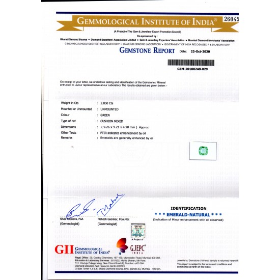 2.85 Ct GII Certified Untreated Natural Zambian Emerald Gems AAA