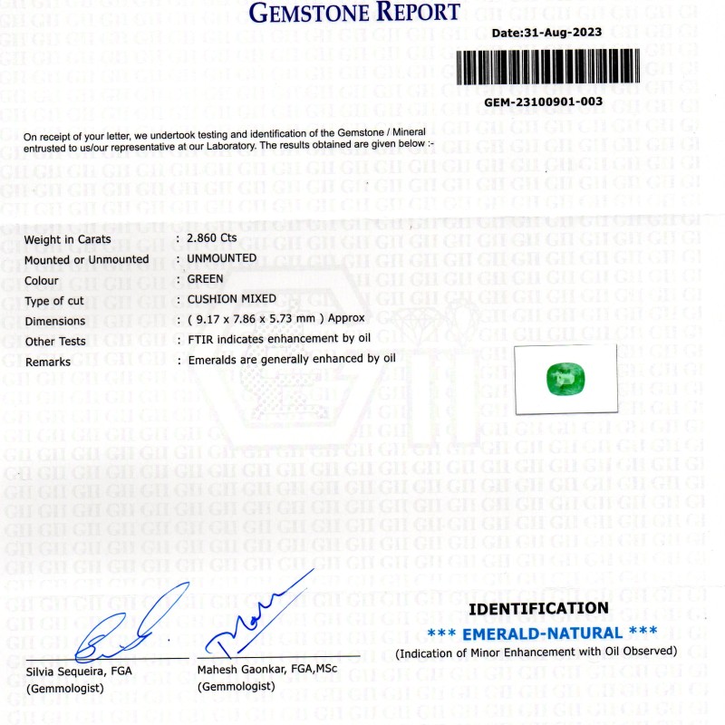 2.86 Ct GII Certified Untreated Natural Zambian Emerald Panna Gems