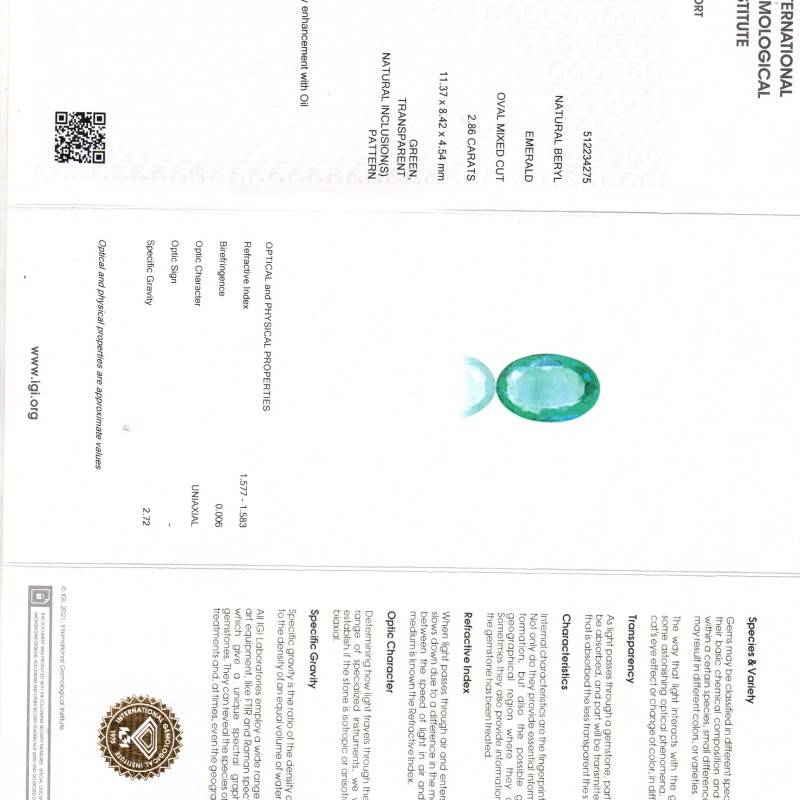 2.86 Ct IGI Certified Untreated Natural Zambian Emerald Gemstone AAA 2.86 Ct IGI Certified Untreated Natural Zambian Emerald Gemstone AAA