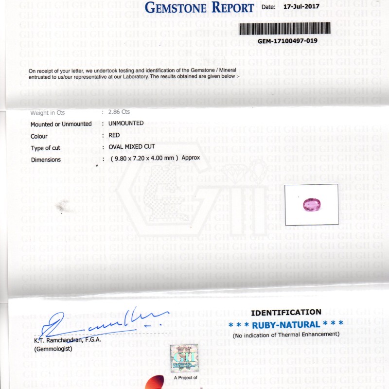 2.86 Ct GII Certified Unheated Untreated Natural Madagaskar Ruby AAA