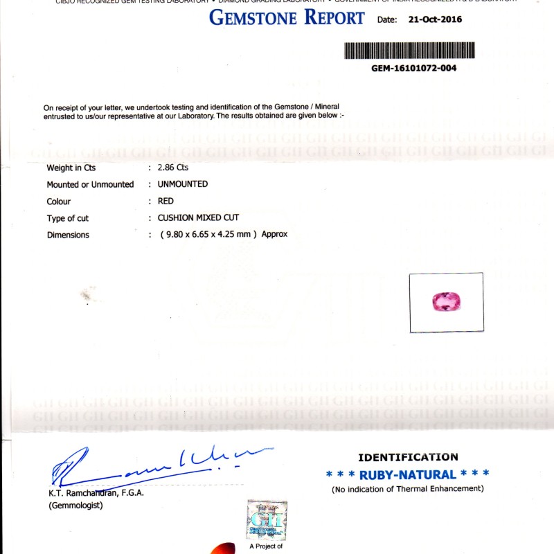 2.86 Ct GII Certified Unheated Untreated Natural Madagaskar Ruby AAAA