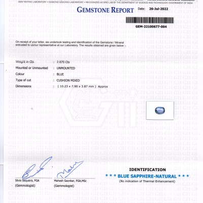 2.87 Ct GII Certified Unheated Untreated Natural Ceylon Blue Sapphire 2.87 Ct GII Certified Unheated Untreated Natural Ceylon Blue Sapphire