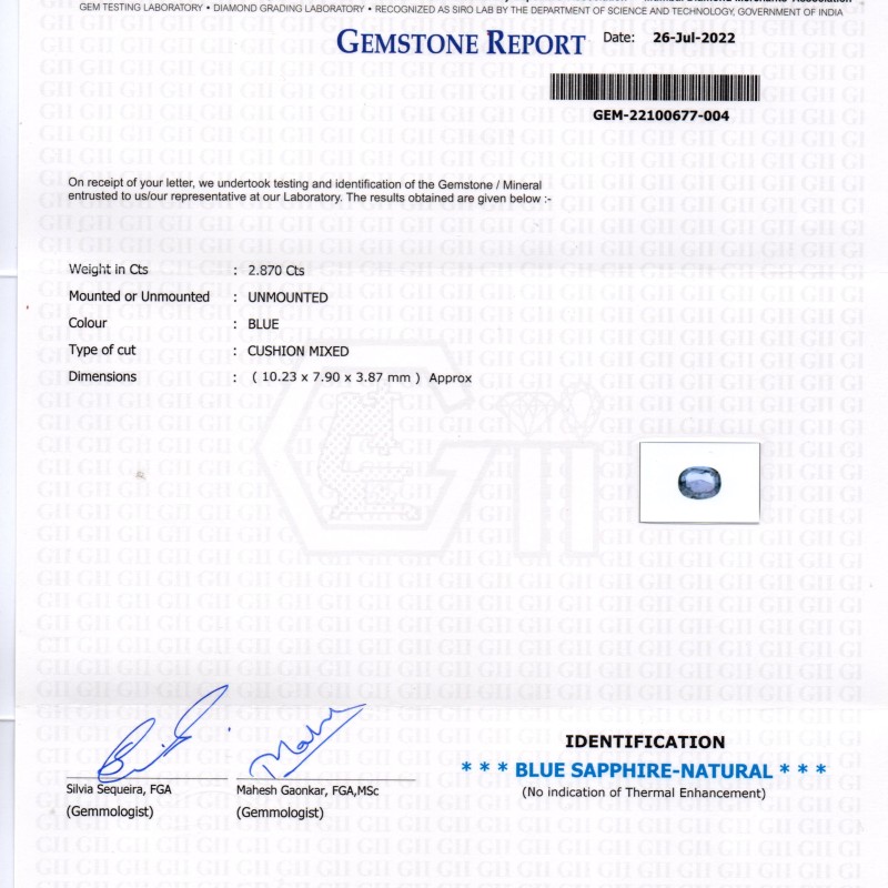 2.87 Ct GII Certified Unheated Untreated Natural Ceylon Blue Sapphire 2.87 Ct GII Certified Unheated Untreated Natural Ceylon Blue Sapphire