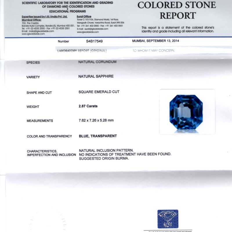 2.87 Ct IGI Certified Unheated Untreated Natural Burma Blue Sapphire 2.87 Ct IGI Certified Unheated Untreated Natural Burma Blue Sapphire