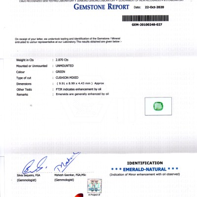 2.87 Ct GII Certified Untreated Natural Zambian Emerald Gems AAA 2.87 Ct GII Certified Untreated Natural Zambian Emerald Gems AAA