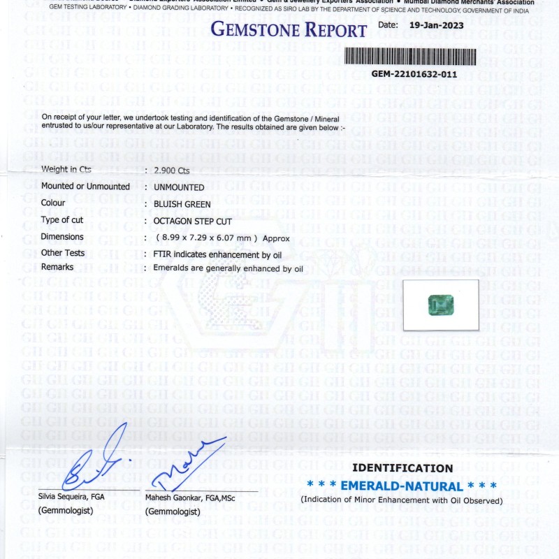 2.90 Ct Certified Untreated Natural Zambian Emerald Gemstone Panna