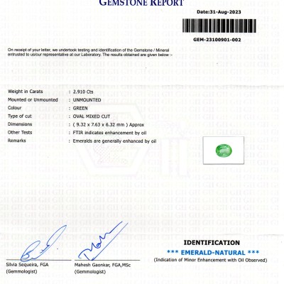 2.91 Ct GII Certified Untreated Natural Colombian Emerald Panna Gems