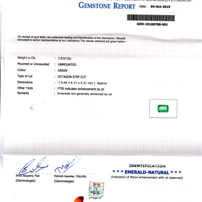 2.91 Ct GII Certified Untreated Natural Zambian Emerald Gemstone 2.91 Ct GII Certified Untreated Natural Zambian Emerald Gemstone