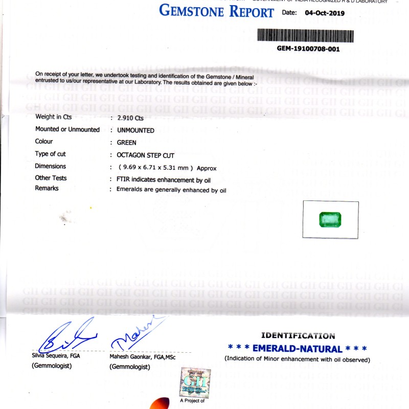 2.91 Ct GII Certified Untreated Natural Zambian Emerald Gemstone 2.91 Ct GII Certified Untreated Natural Zambian Emerald Gemstone