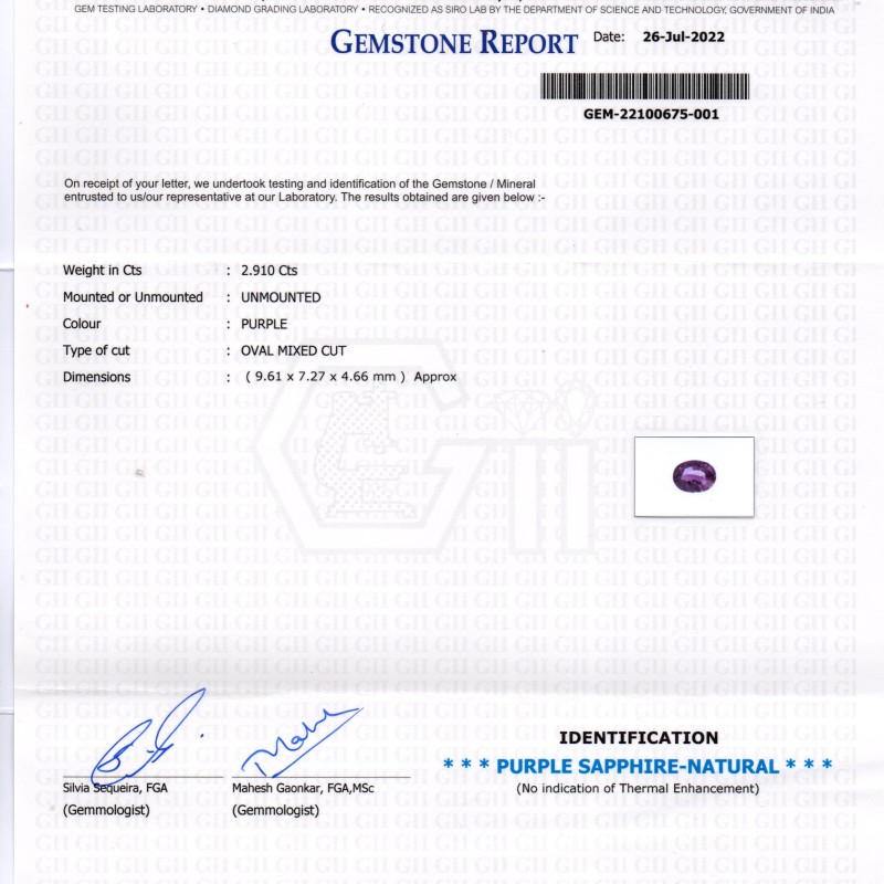 2.91 Ct GII Certified Unheated Untreted Natural Purple Sapphire Ruby 2.91 Ct GII Certified Unheated Untreted Natural Purple Sapphire Ruby